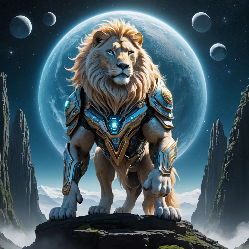 a lion standing on a rock in front of a full moon and mountains with a sky background with stars, fantasy art, an airbrush painting, Chris LaBrooy, fantasy artwork