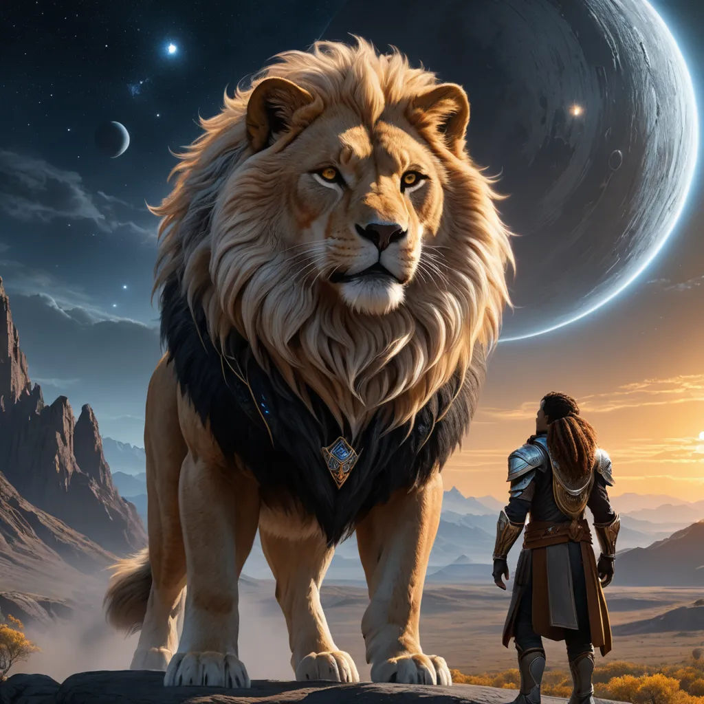 a lion standing next to a man in a desert area with a moon in the background and a distant sky, fantasy art, concept art, Chris LaBrooy, fantasy artwork