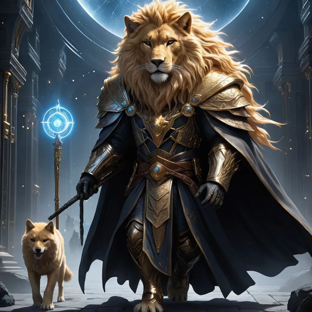 a lion in a suit of armor with a sword and a dog in front of him in a dark city, fantasy art, concept art, Clint Cearley, magic the gathering artwork