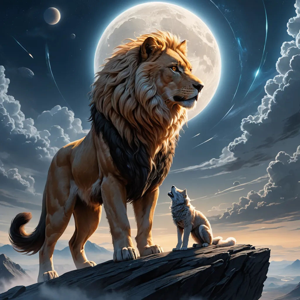 a lion and a wolf standing on a rock in front of a full moon sky with clouds and stars, furry art, a digital painting, Anne Stokes, highly detailed digital painting