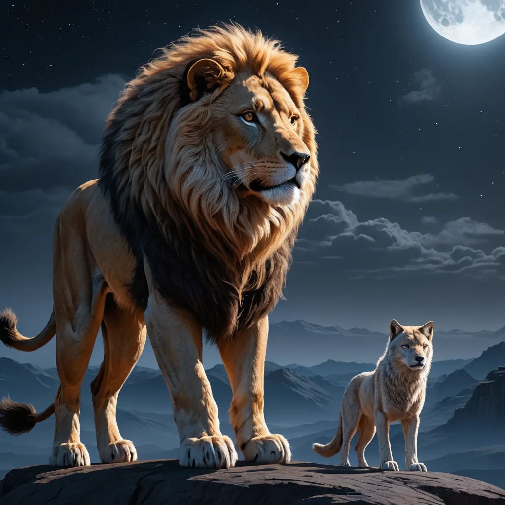 a lion and a dog standing on a rock in the moonlight with a full moon in the background and a mountain range in the distance, furry art, a matte painting, Chris LaBrooy, wildlife photography