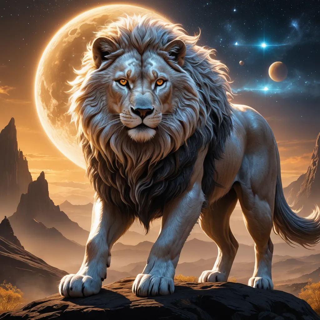 a lion standing on a rock in front of a full moon and mountains with stars and a star filled sky, fantasy art, an airbrush painting, Anne Stokes, highly detailed digital painting