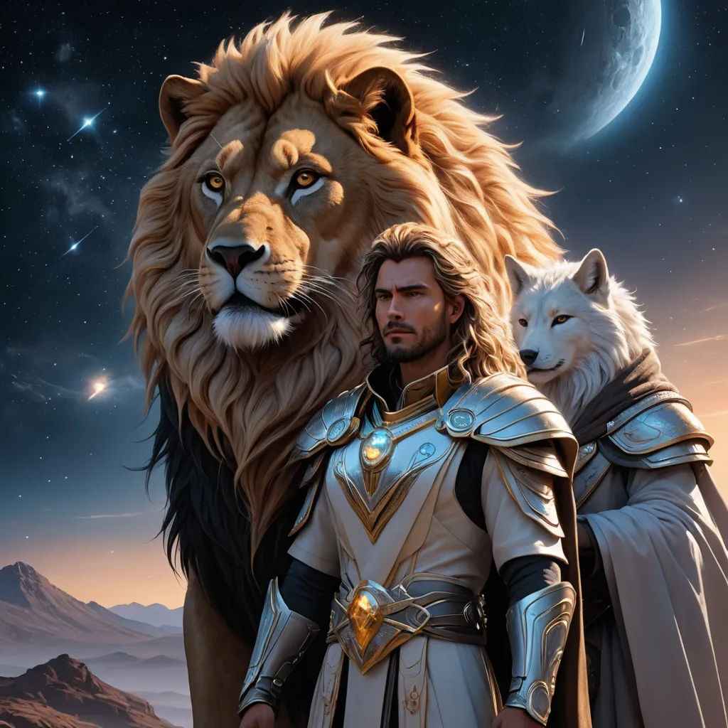 a man and a wolf standing next to each other in front of a mountain range with a full moon, fantasy art, a character portrait, Cedric Seaut (Keos Masons), epic fantasy character art