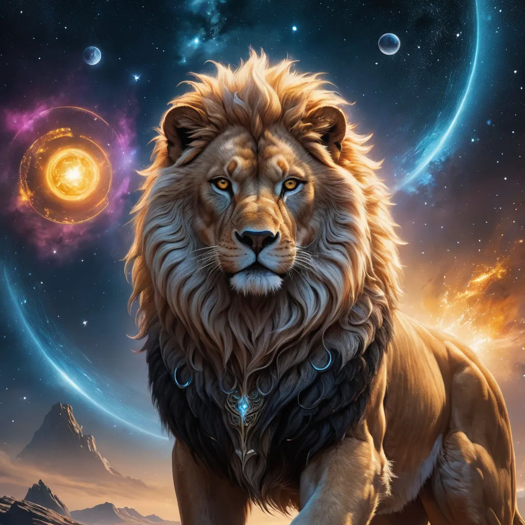 a lion standing in front of a star filled sky with planets in the background and a bright orange glow, fantasy art, an airbrush painting, Chris LaBrooy, highly detailed digital painting