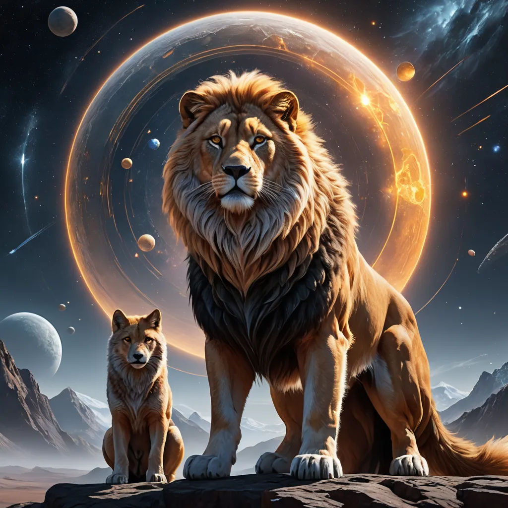 a lion and a dog sitting on a rock in front of a planet with a ring of stars and planets, space art, poster art, Chris LaBrooy, key art