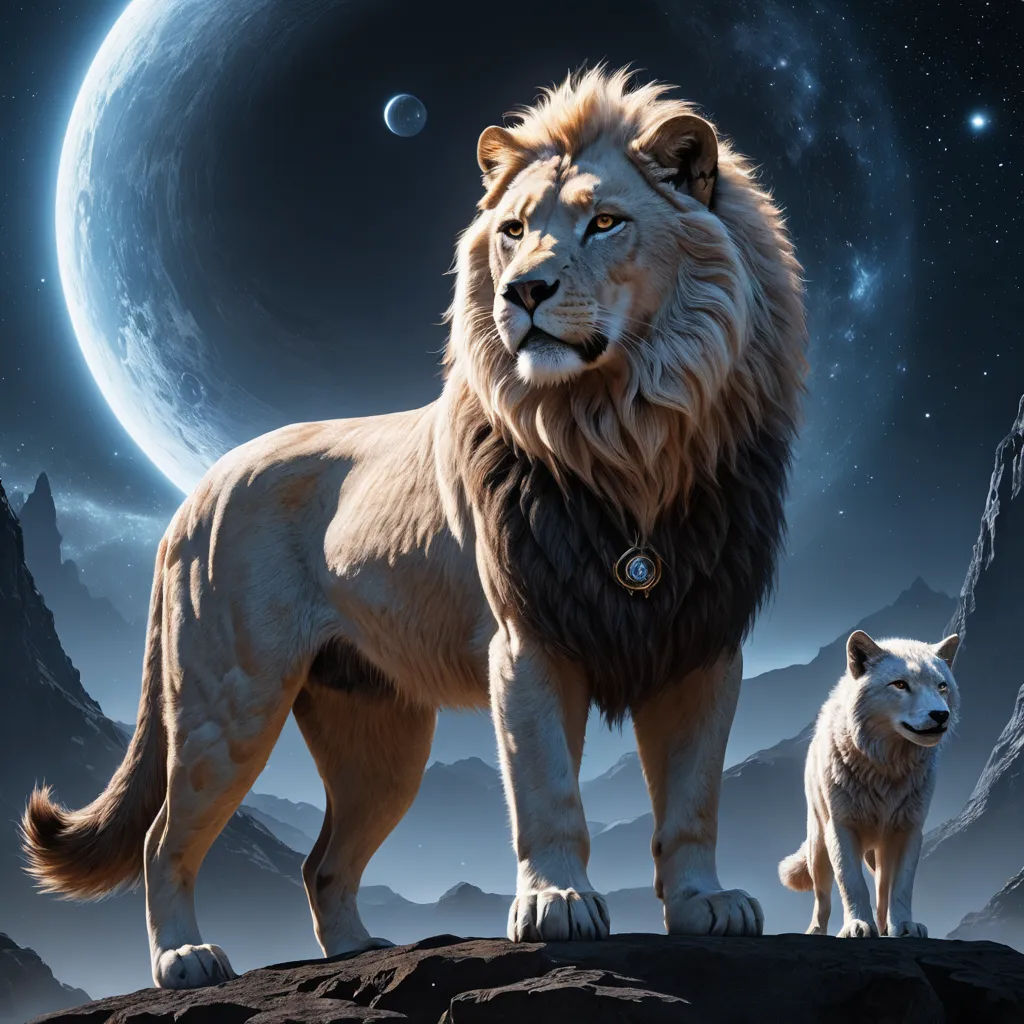 a lion and a dog standing on a rock in front of a moon and stars sky with a full moon in the background, furry art, a poster, Chris LaBrooy, promotional image