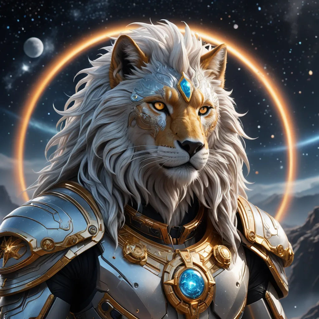 a close up of a person wearing a costume and a lion head with a moon in the background and a mountain, furry art, a character portrait, Clint Cearley, trending on artstation hq