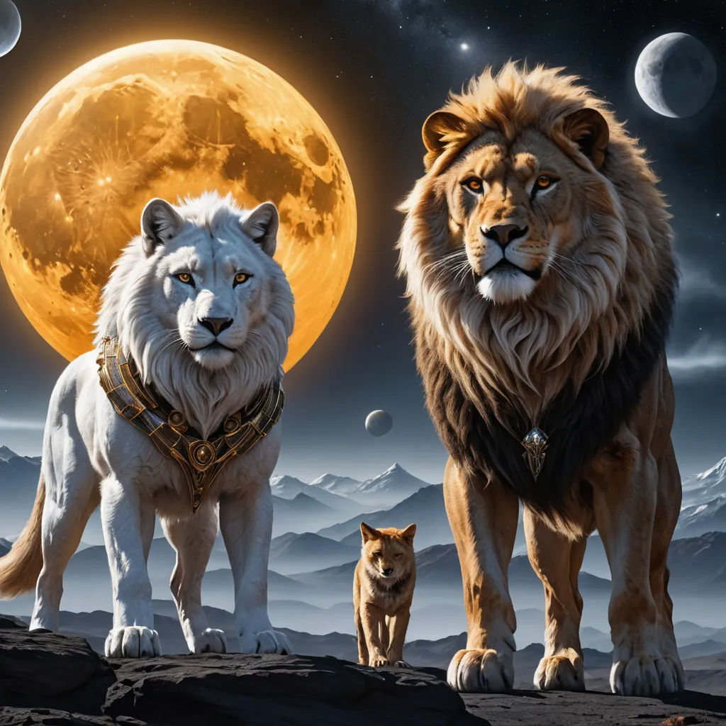 two lions and a cat standing on a rock in front of a full moon and mountains with a sky background, sots art, poster art, Chris LaBrooy, key art