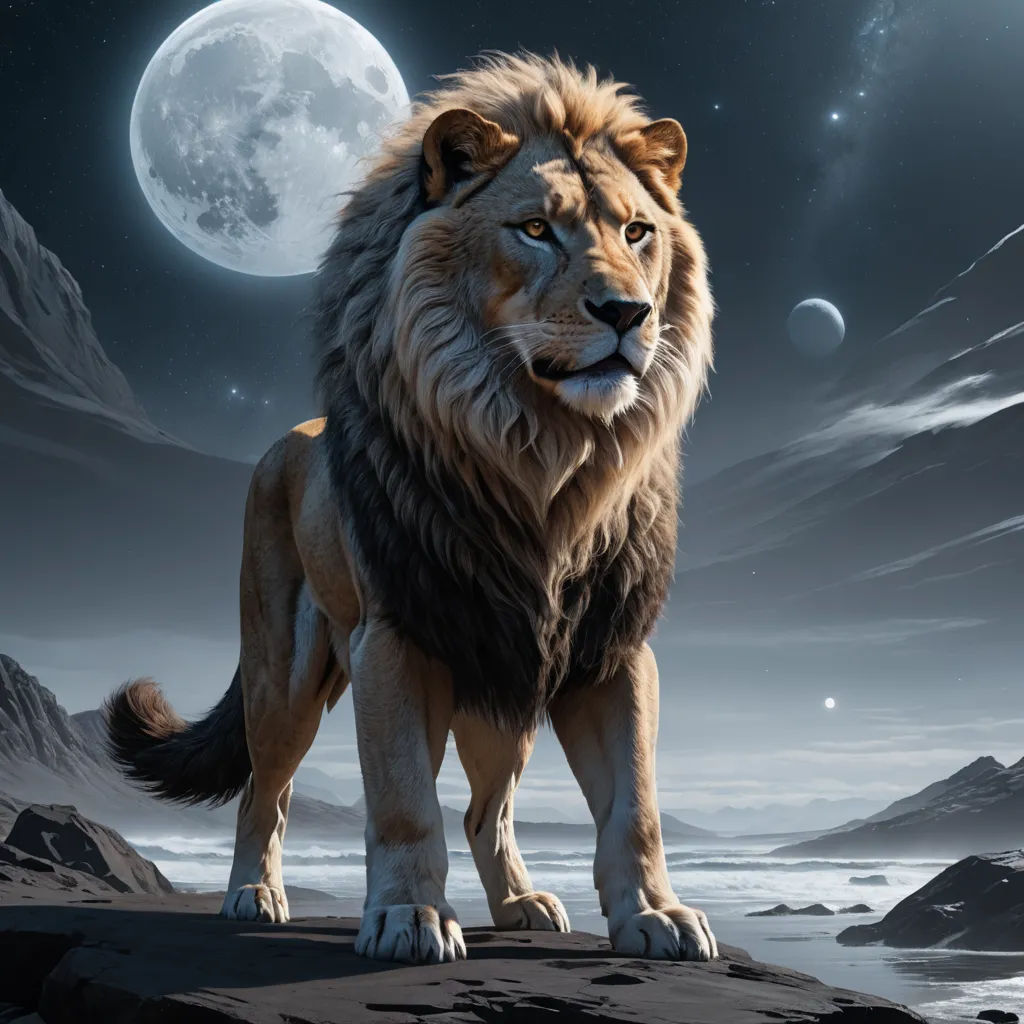 a lion standing on a rock in front of a full moon and mountains with a sky background with stars, fantasy art, an airbrush painting, Chris LaBrooy, photoreal