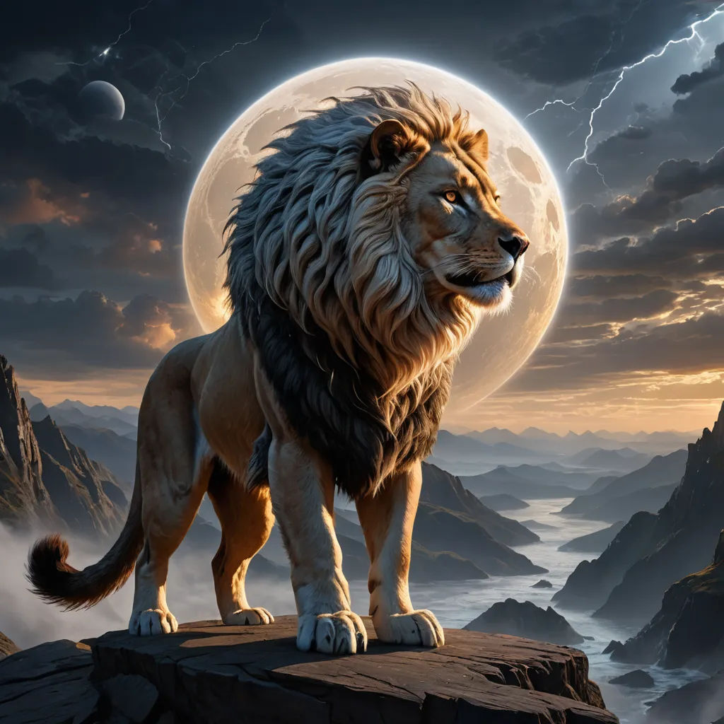 a lion standing on a rock in front of a full moon and mountains with clouds and a full moon, fantasy art, an airbrush painting, Chris LaBrooy, highly detailed digital painting