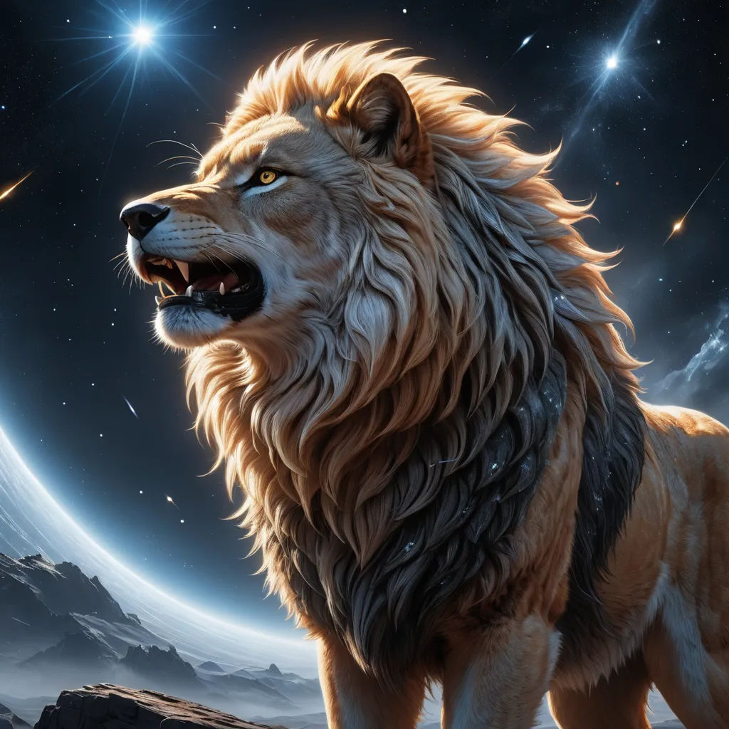 a lion with a moon in the background and stars in the sky above it, with a mountain in the foreground, space art, a digital painting, Anne Stokes, highly detailed digital painting