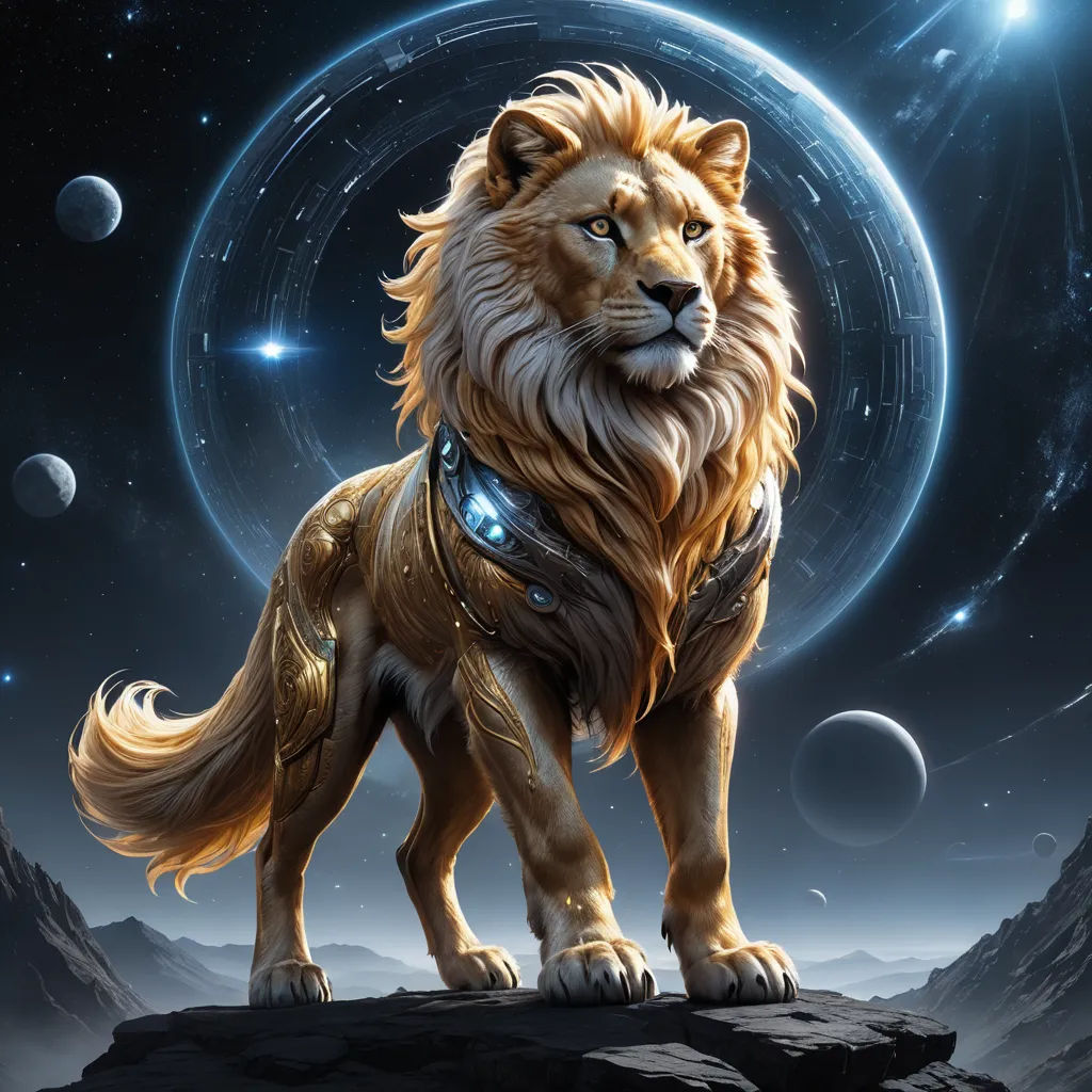 a lion standing on a rock in front of a space background with planets and stars in the sky and a blue ring around it, space art, an airbrush painting, Chris LaBrooy, highly detailed digital painting