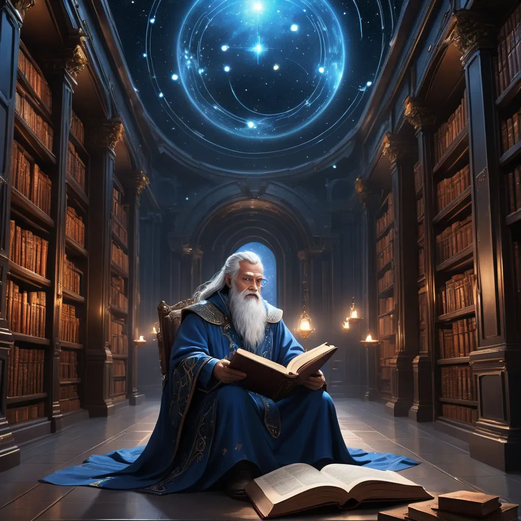 a man sitting in a chair reading a book in a library with a sky background and a star filled ceiling, fantasy art, a storybook illustration, Clint Cearley, fantasy artwork