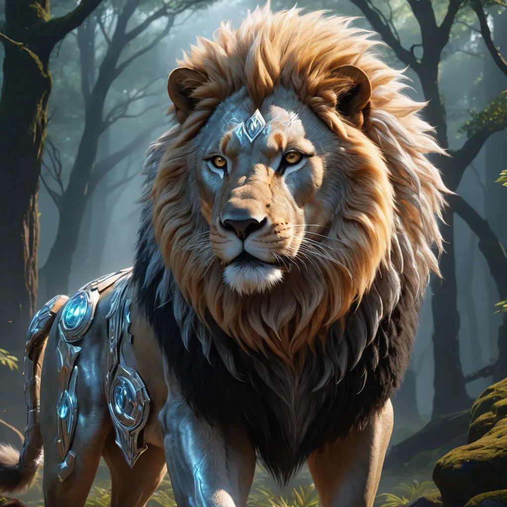 a lion with a sword in its mouth in a forest with trees and rocks, with a light shining on its face, fantasy art, concept art, Clint Cearley, unreal 5