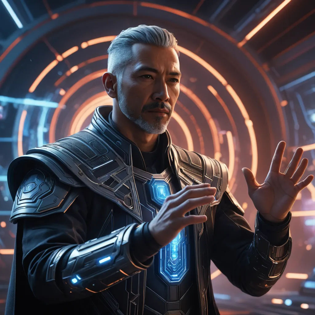 a man in a futuristic suit holding his hands out in front of a tunnel of lights and circles in the background, rayonism, a character portrait, Cedric Peyravernay, unreal 5