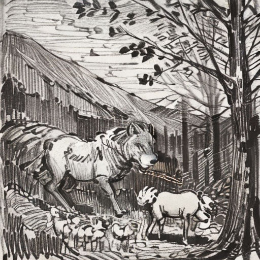 a drawing of a horse and a herd of sheep in a forest with a barn in the background and a bird flying over the fence
