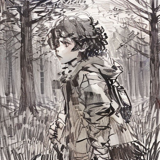 a drawing of a person walking through a forest with trees in the background and a bird flying overhead over the head