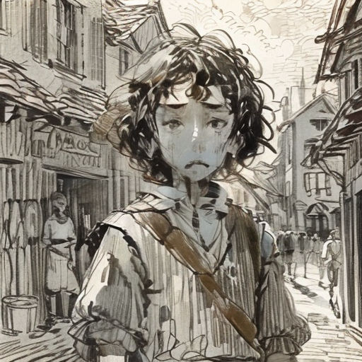 a drawing of a boy with a backpack on a street corner in a city with people walking by and a building
