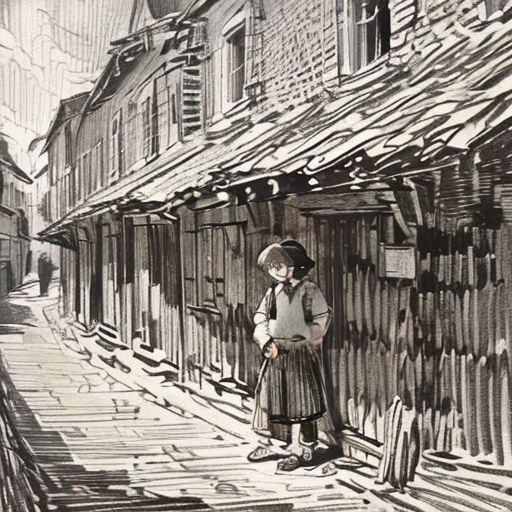 a drawing of a woman standing in front of a building with a child on the sidewalk next to her