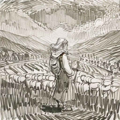 a drawing of a man standing in a field with a flock of sheep behind him, looking at the sky