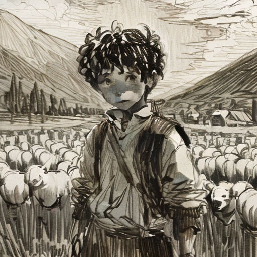 a drawing of a boy standing in a field of sheep with a dog in the background and a mountain range in the distance