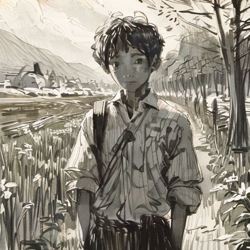 a boy standing in a field with a backpack on his back and a mountain in the background with snow on the ground