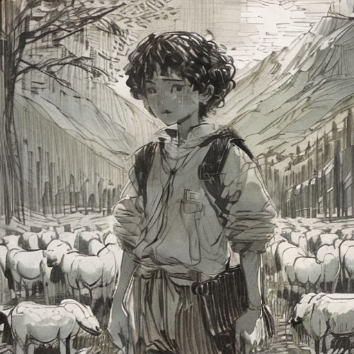 a drawing of a boy standing in front of a herd of sheep in a forest area with mountains in the background