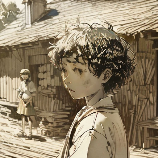 a boy and a girl standing in front of a building with a roof and a wooden fence in front of them