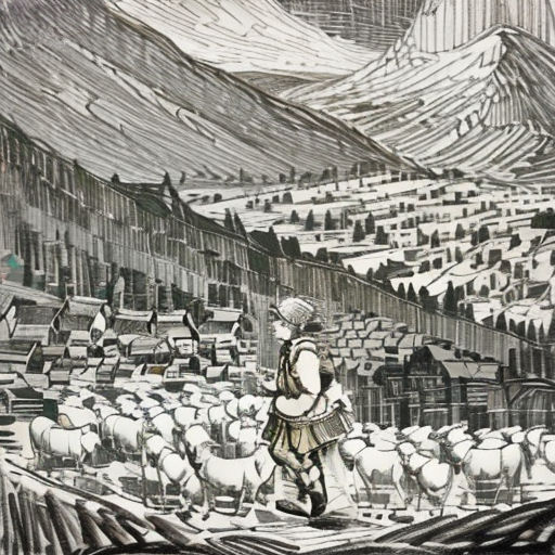 a drawing of a man standing in front of a herd of sheep in a mountainous area with mountains in the background