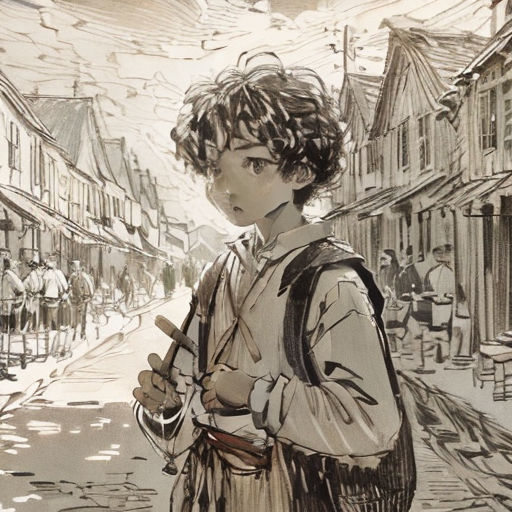 a drawing of a boy standing on a street corner holding a cigarette in his hand and looking at the camera