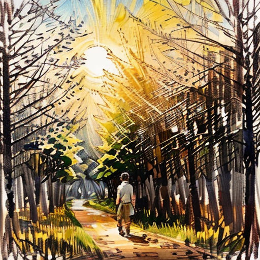 a painting of a man walking down a path in the woods with the sun shining through the trees behind him