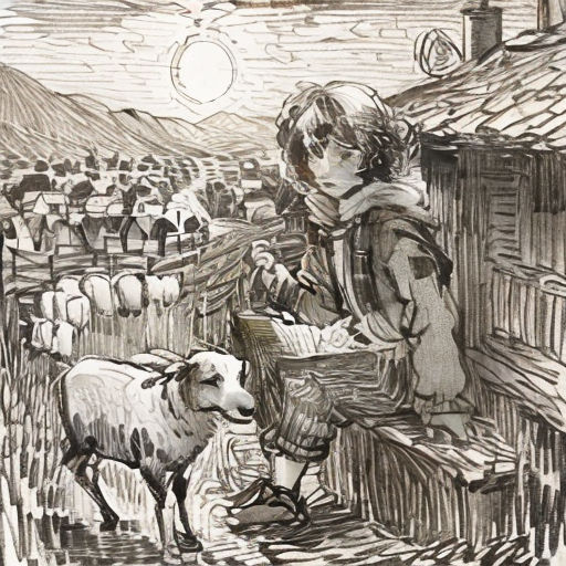 a drawing of a boy and a sheep in a village with a sun in the background and a person standing on a roof