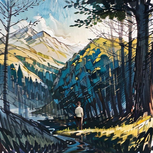 a painting of a man standing in a forest looking at a mountain range with a stream running through it