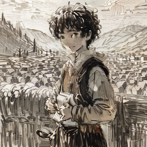 a drawing of a boy standing in front of a crowd of people with a book in his hand and a book in his other hand