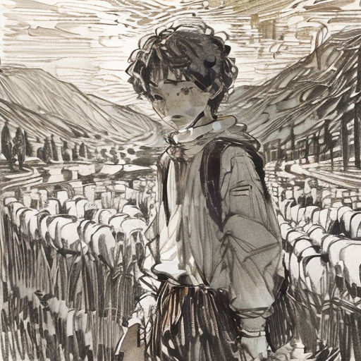 a drawing of a boy standing in front of a crowd of sheep in a field with mountains in the background