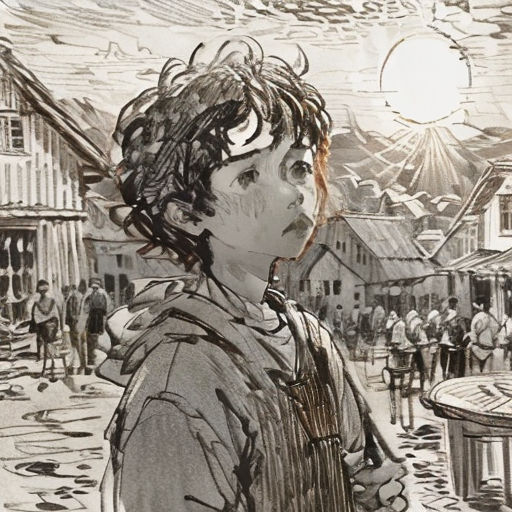 a drawing of a boy standing in front of a building with a clock on it's side and people walking around