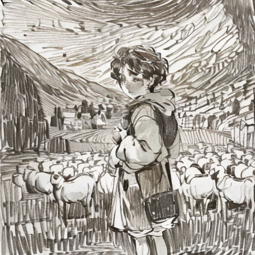 a drawing of a person standing in front of a herd of sheep in a field with mountains in the background
