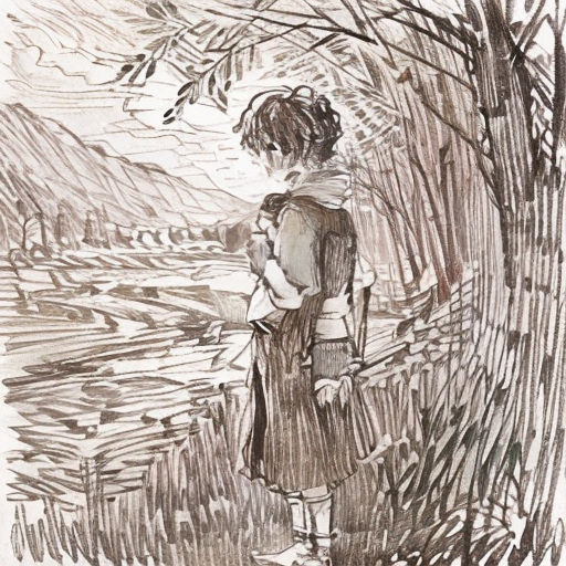 a drawing of a girl standing in front of a tree with a bird on her shoulder and a bird in her hand