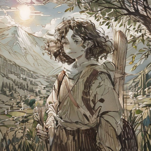 a painting of a woman with a backpack in a field with mountains in the background and a sun shining