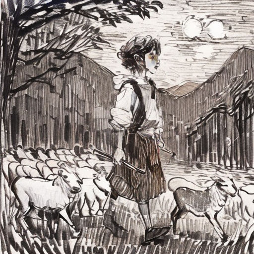 a drawing of a woman walking with a herd of sheep in the background, with a dog in the foreground