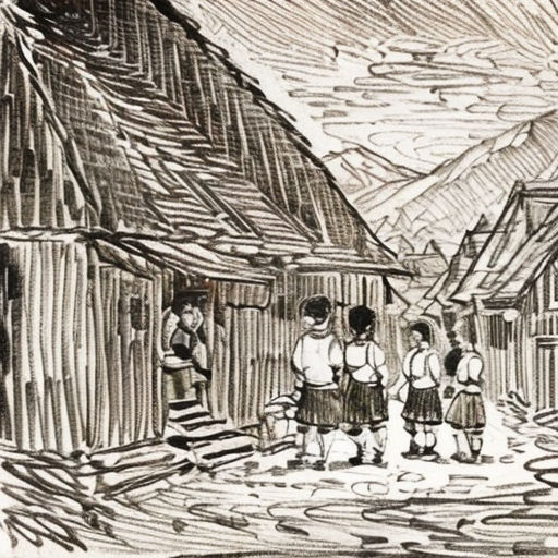 a drawing of a village with people standing outside of it and a mountain in the background with clouds in the sky