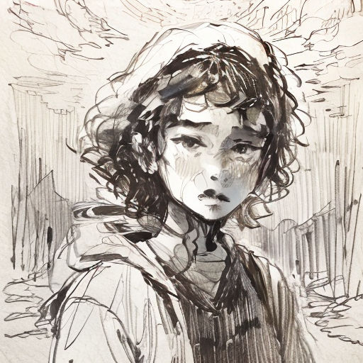a drawing of a girl with a hat and a tie on her head and a sky background with clouds