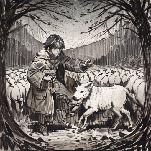 a man is feeding a dog in a pen and ink drawing style, with a flock of sheep in the background