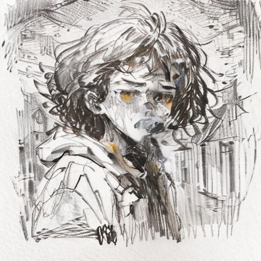 a drawing of a man with long hair and a tie on his neck, with a building in the background