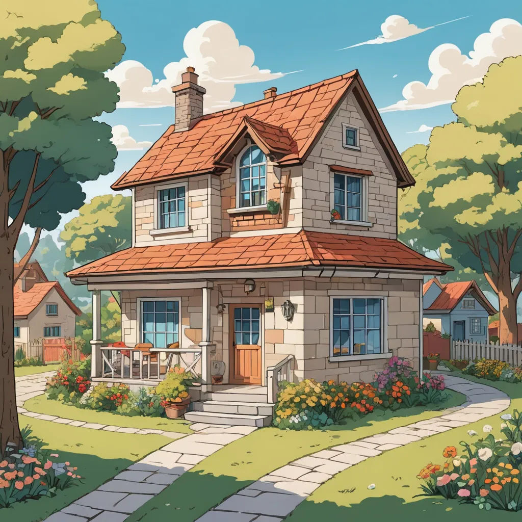 a house with a red roof and a red tiled roof and a stone pathway leading to it and a tree and flowers, american scene painting, a storybook illustration, Chris LaBrooy, rossdraws global illumination