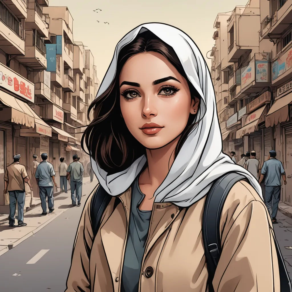 a woman in a scarf is standing on the street with a group of people walking by her and a man walking down the street, serial art, a comic book panel, Amir Zand, comic cover art
