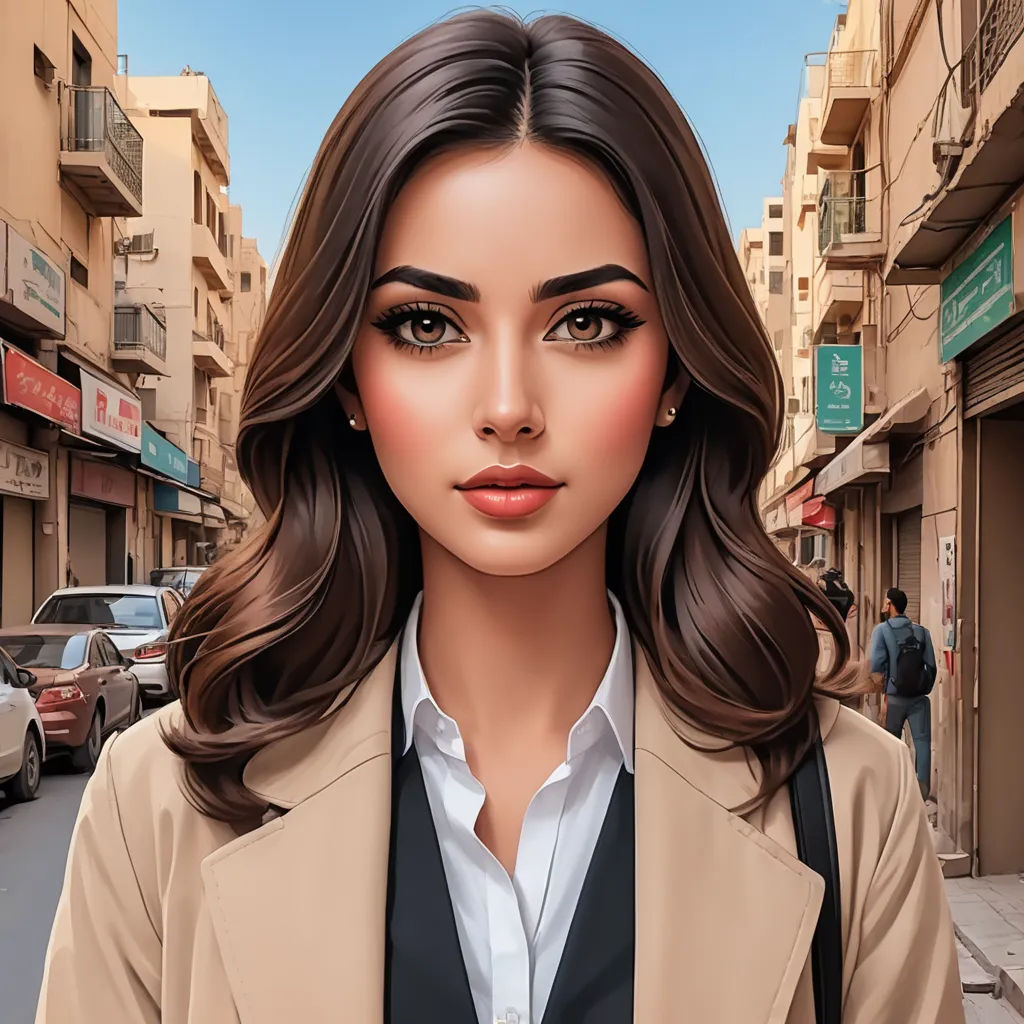 a woman with a brown hair and a tan jacket on a street with cars and buildings in the background, digital art, a digital painting, Elina Karimova, ultra realistic digital art