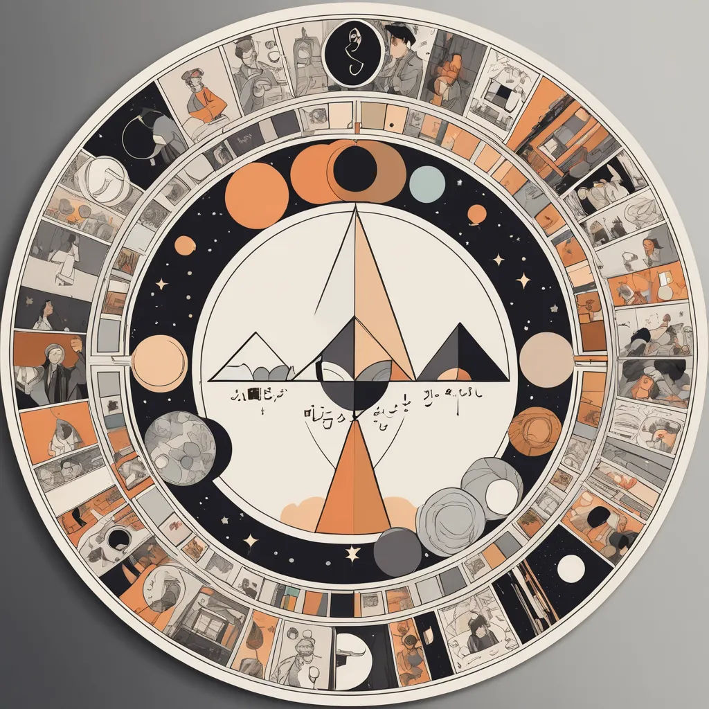 a circular artwork with a variety of images on it, including mountains, mountains, and stars, and a sky, art & language, a jigsaw puzzle, Asaf Hanuka, sharp foccus ilustration