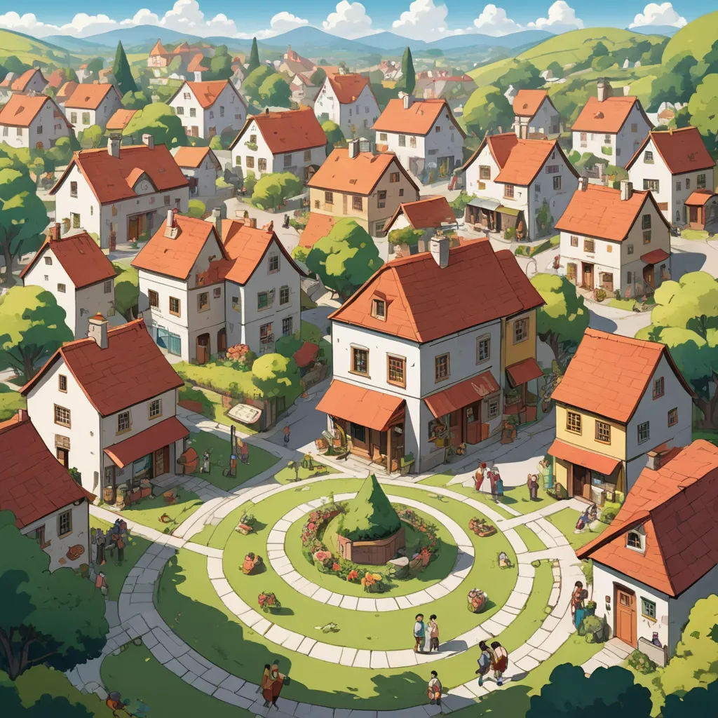 a cartoon town with a circular courtyard and lots of houses and trees around it, and a circular walkway leading to a building with a clock on top, synthetism, concept art, Chris LaBrooy, official art