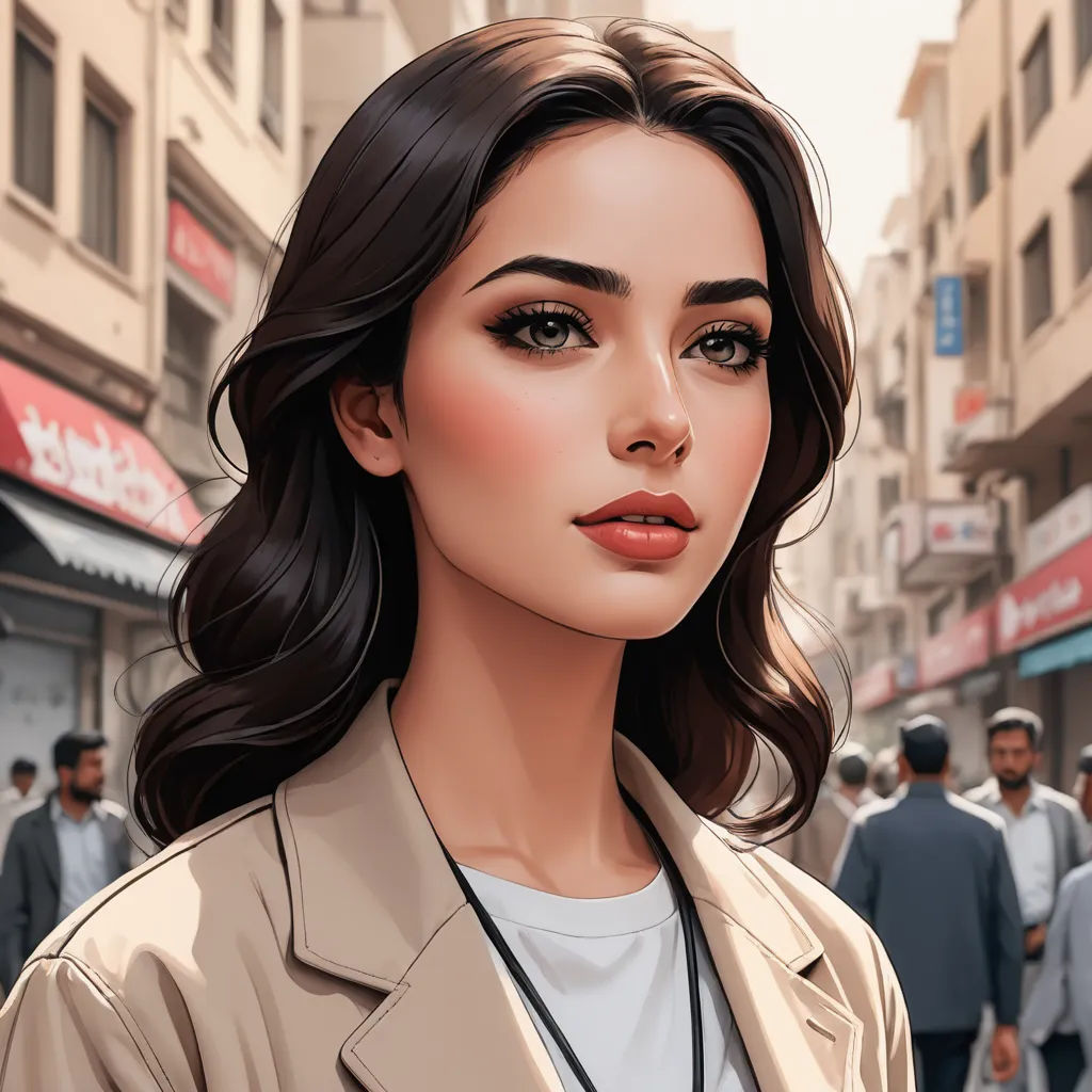 a woman with a brown coat and a white shirt on a city street with people walking by and a man in a suit, fantasy art, a detailed painting, Alena Aenami, city background